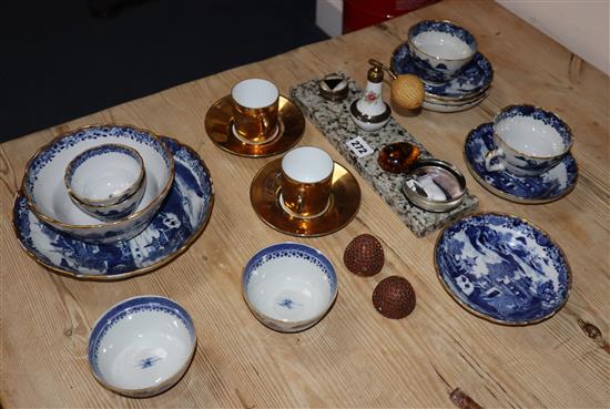 A small quantity of blue and white porcelain, two Limoges coffee cans and saucers and other collectables